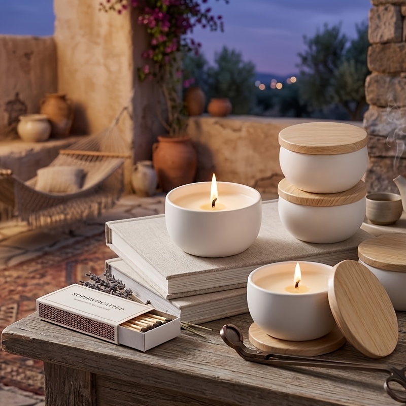 Candle Making Jars Wholesale - 흰색 무광 캔들 용기(나무결 뚜껑 포함),